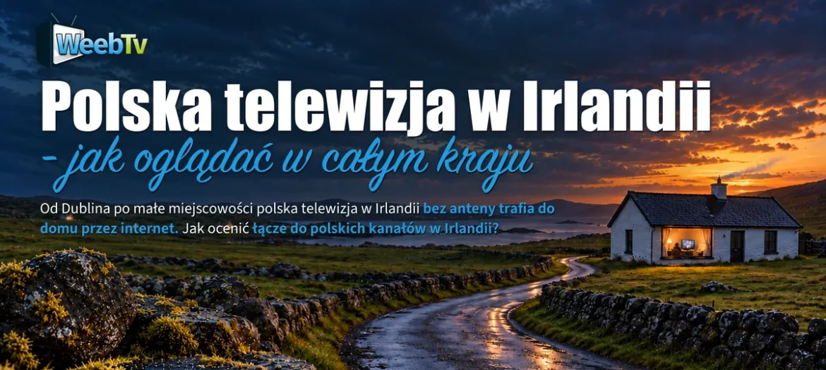 Irlandzka droga wśród kamiennych murków prowadząca do białego domu ze świecącym oknem
