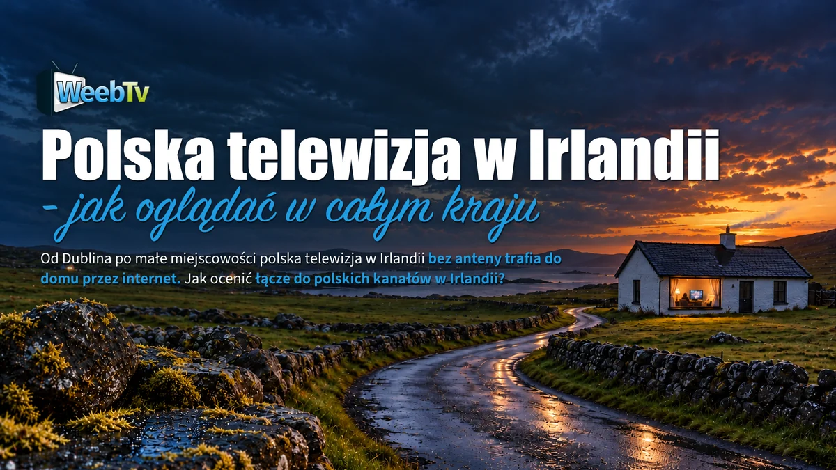 Irlandzka droga wśród kamiennych murków prowadząca do białego domu ze świecącym oknem
