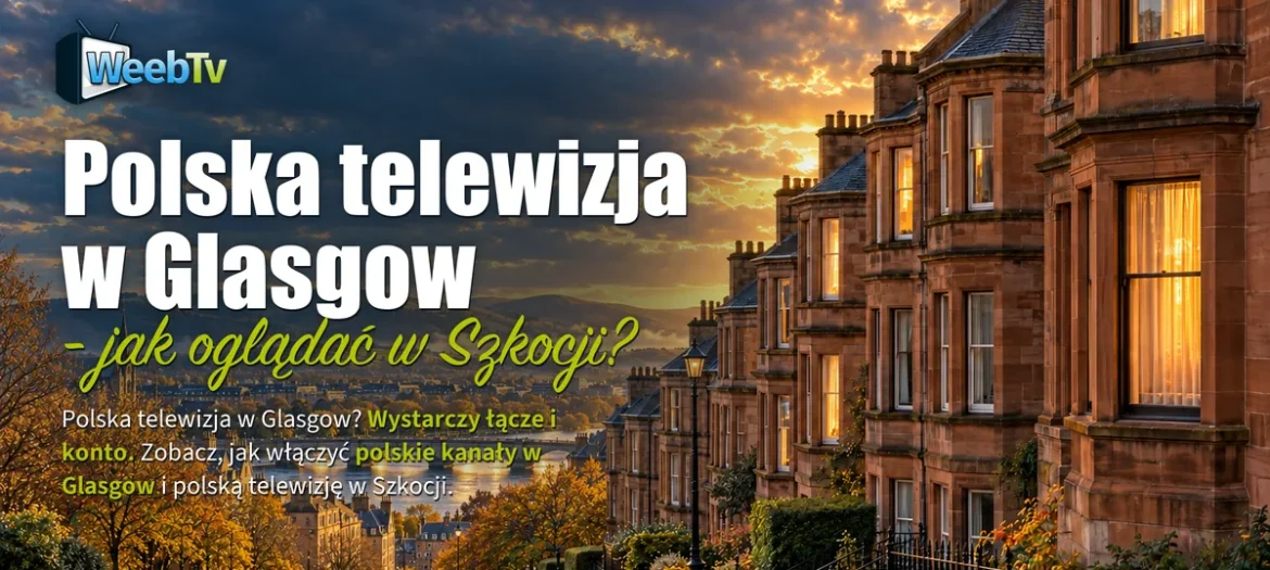Kamienice z czerwonego piaskowca w Glasgow o złotej godzinie, w tle szkockie wzgórza