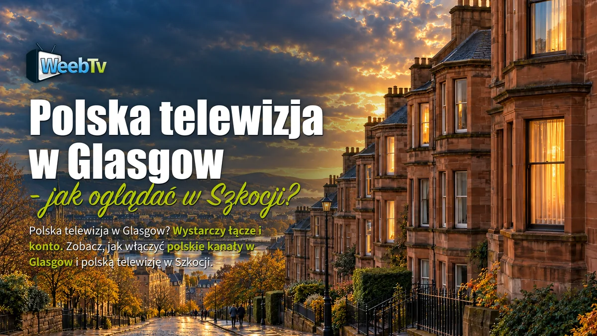 Kamienice z czerwonego piaskowca w Glasgow o złotej godzinie, w tle szkockie wzgórza