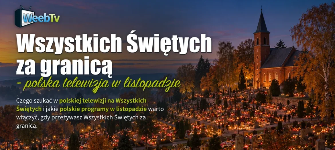 Polski cmentarz pełen zniczy o zmierzchu, z ceglanym kościołem na wzgórzu