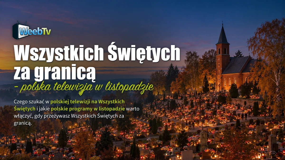 Polski cmentarz pełen zniczy o zmierzchu, z ceglanym kościołem na wzgórzu